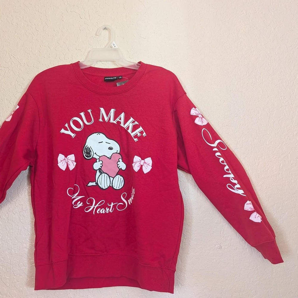 Peanuts Snoopy You Make My Heart Smile Red Graphic Sweatshirt Pink Bows XL